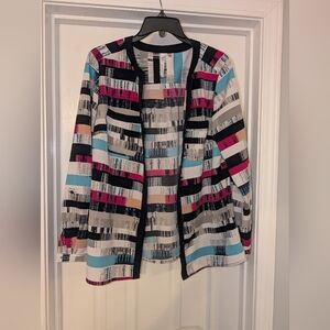 NY Collection Open-Front Striped Blouse in Black, White, Pink & Teal